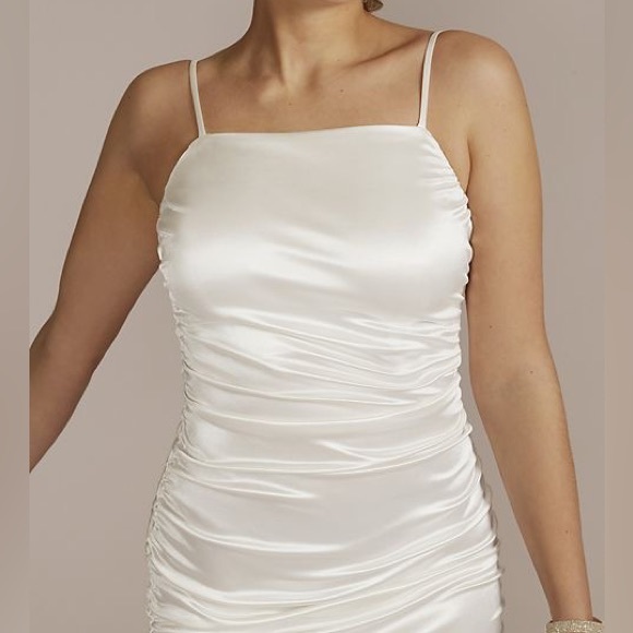 DAVIDS BRIDAL ruched stretch satin mini dress with ruffled hem - Picture 2 of 4